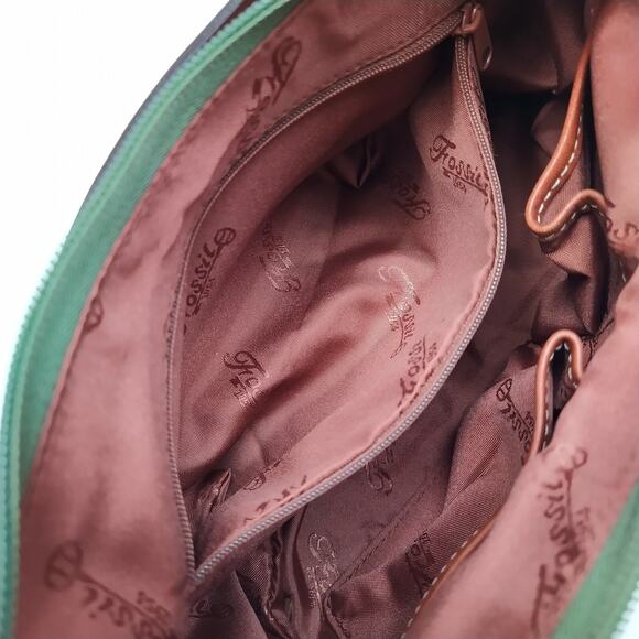 Fossil Oliver Green Nylon Leather Trim Zipper Closure Hobo Shoulder Bag - Picture 8 of 15